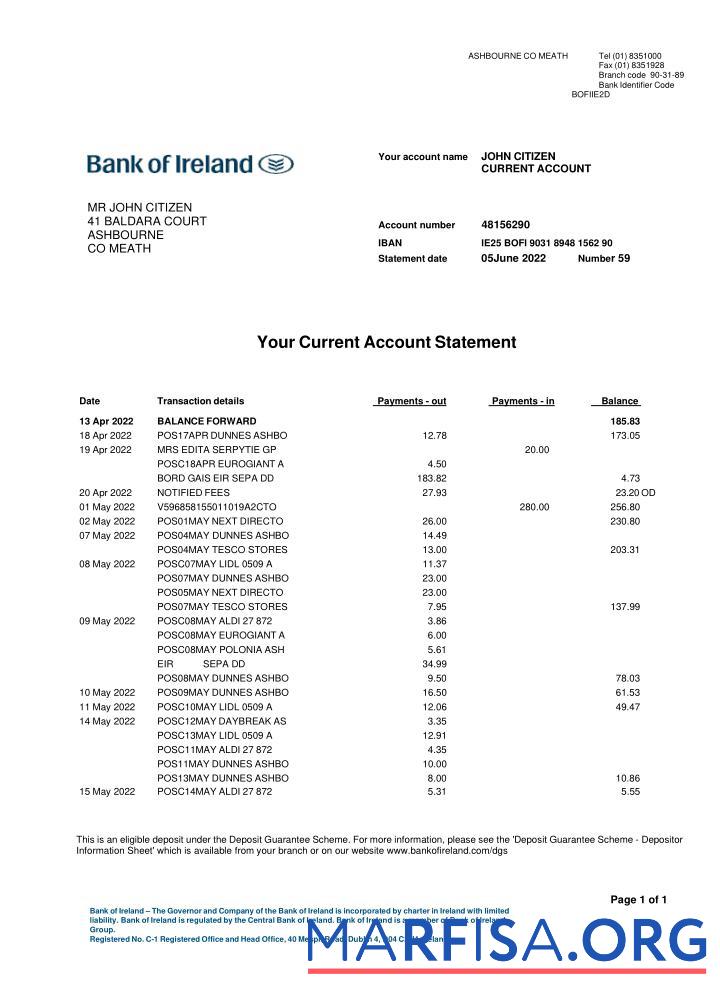 Blank Ireland Bank of Ireland bank statement word 2 pages example